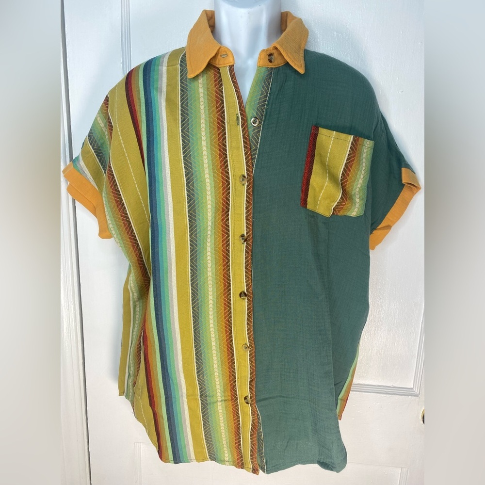 Rowdy Crowd Striped Multicolor Button-Up Short Sl… - image 2